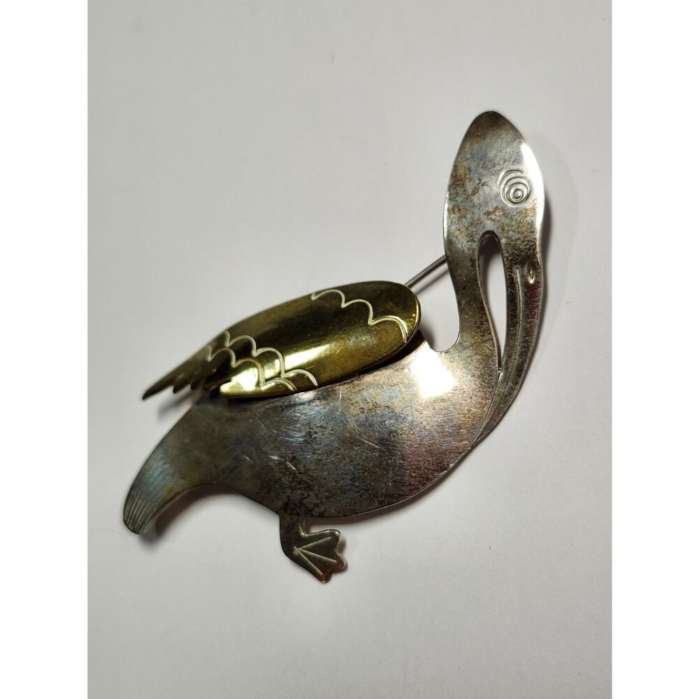 Taxco Sterling Silver With Yellow Plated Wings Mexico Pelican Bird Brooch 925